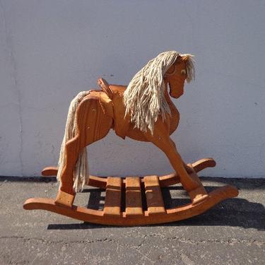 Antique Handmade Wood Rocking Horse Large American Amish Toy Leather Saddle Traditional Handcrafted Wooden Vintage Carved Oak Collectible 