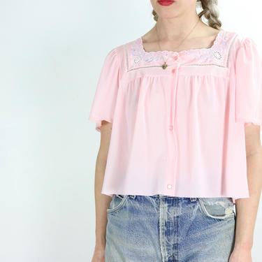 Vintage Button Up Blouse / Pastel Pink Flutter Sleeve Shirt / VANITY FAIR Pajama Top / Medium 