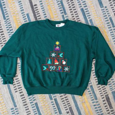 Vintage 1990s Christmas Sweatshirt - Green Embroidered Holiday Winter Sweater - L 