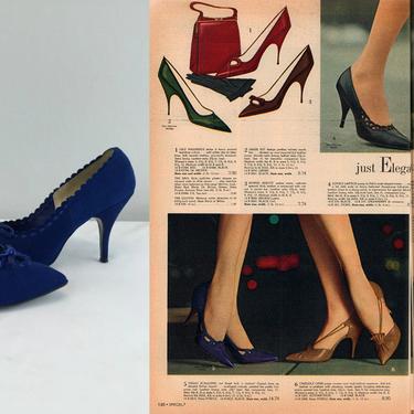 Any Time, Every Place - Vintage 1950s 1960s Cobalt Blue Suede Scalloped Leather Stilettos Shoes Heels - 7B 