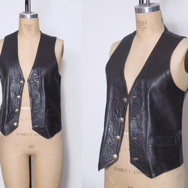 Vintage 70s black leather vest with Indian head buttons / biker vest / leather motorcycle vest / rocker vest / unisex leather vest 