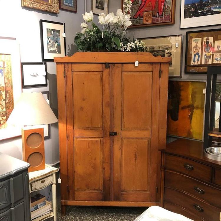                   Awesome antique pine corner cabinet! Great storage and use of corner space!