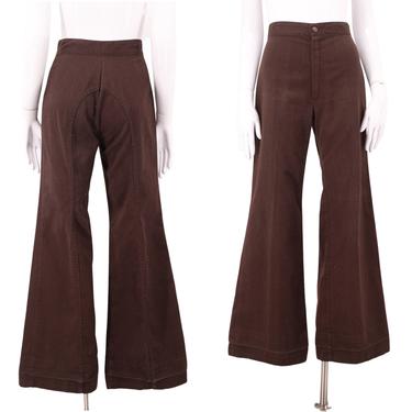 70s brown saddle stitch high waist denim bell bottoms jeans 26  / vintage 1970s brushed cotton soft seamed flares pants 6 