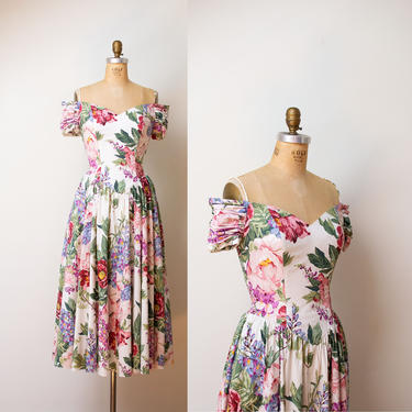 1990s Floral Print Dress / 90s Off the shoulder 1950s Style Wallpaper floral Sundress Victoria's Secret Moda Int'l 