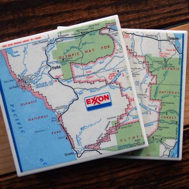 1976 Olympic National Park Washington Handmade Repurposed Vintage Map Coasters Set of 2 - Ceramic Tile - Repurposed 1970s Exxon Road Map 