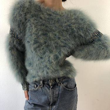 Vintage Mint Angora Sweater Embroidered Knit Pullover 