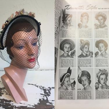 Go Ahead Be Dramatic! - Vintage 1940s Ivory Cream Straw Halo Floral Hat w/Black Netting Trim 