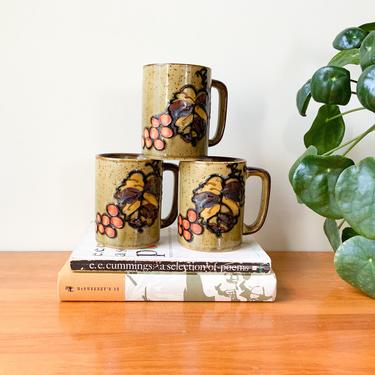 Trio of Japanese Stoneware Grape Motif Mugs / Set of 3 Mid Century Orange Earth Tone Leaf Coffee Cups / 60s Boho Eclectic Style 