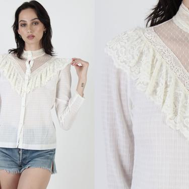Vintage 70s Romantic Prairie Top Saloon Country Ivory Sheer Lace Ruffle Blouse 