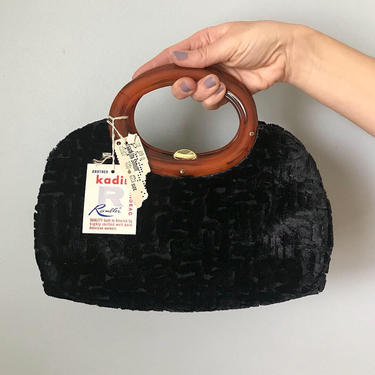 vintage 60s KADIN black burnout handbag | velvety purse with tortoise handle 