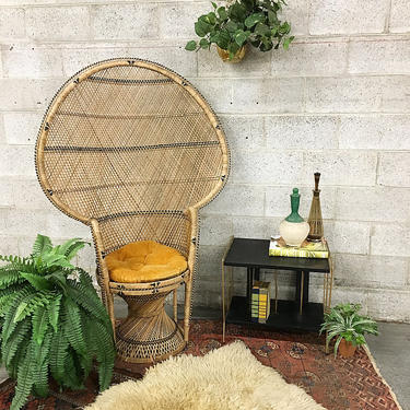 LOCAL PICKUP ONLY Vintage Peacock Chair Retro 1970's Bohemian Wicker High Backed Tan and Black Woven Chair with Yellow Corduroy Cushion 
