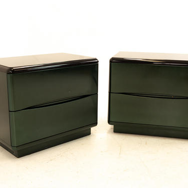 Lane Mid Century 2 Drawer Black and Green Lacquer Nightstands - Pair - mcm 