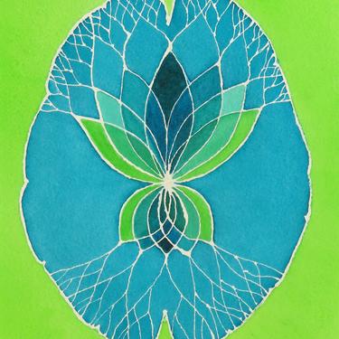 Green and Blue Lotus Brain  -  original watercolor painting - neuroscience art 
