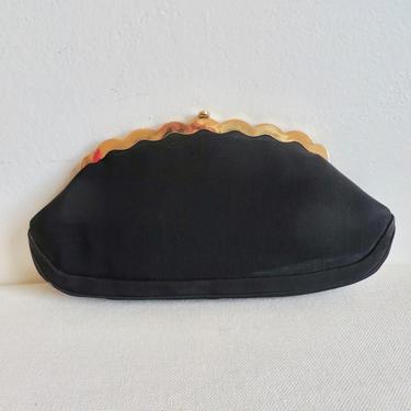 Vintage 1960's Black Cloth Clutch with Gold Metal Scallop Edge Frame Evening Cocktail party 60's Handbags Clutches 