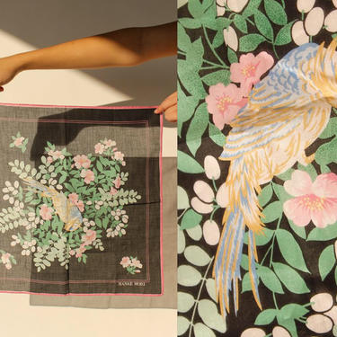 Vintage 80s Hanae Mori Black Floral and Blue Bird Print Handkerchief | 100% Cotton | 1980s Designer Pocket Square, Scarf,  Handkerchief 