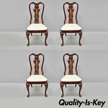 4 Vintage Hickory Mfg Queen Anne Georgian Style Japanned Red Dining Side Chairs