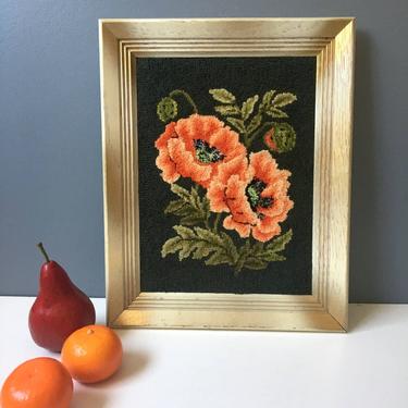 Poppy hooked framed art - vintage 1950s handmade tapestry 