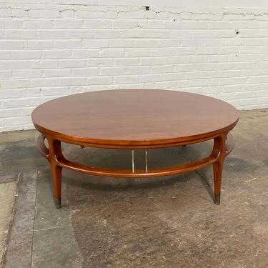 Round Walnut Coffee Table with Brass Accents