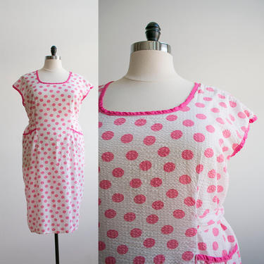 Vintage 1950s Pink Polka Dot House Dress / Vintage Farm Dress / Soft Cotton 40s Summer Dress / Hand Made Vintage Summer Dress XL / Plus Size 