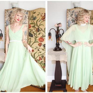 1960s Gown // Mint Green Ethereal Chiffon Gown with Shawl // vintage 60s gown 