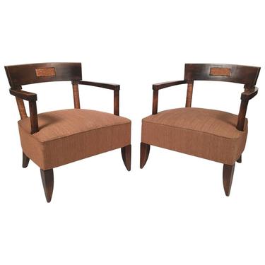 Pair of French Art Deco African Inspired Oak and Paper Cord Armchairs