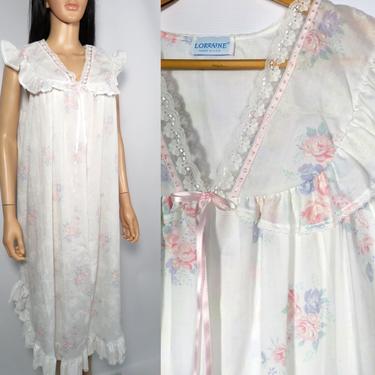 Vintage 80s Frilly Lacey Floral Romantic Cottagecore Nightgown Made In USA Size L 