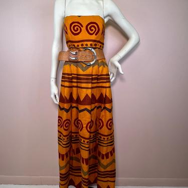 Vtg 1980s yellow linen strapless tribal print midi dress 