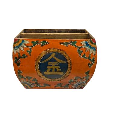 Chinese Wood Square Orange Lacquer Graphic Handle Bucket ws1957BE 