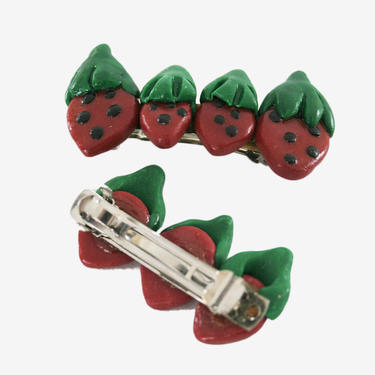 Vintage 1990's Strawberry Barrette - Silver French Barrette - Clay Fruit - Kitsch - Novelty Hair Clip 