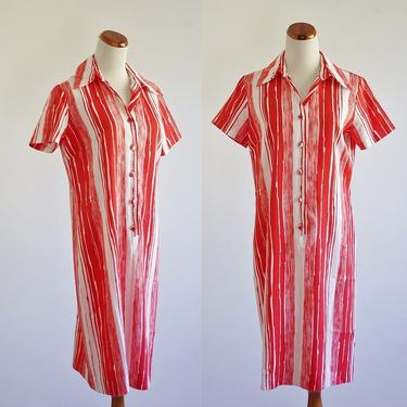 Vintage Collared Dress, 70s Shirtdress, Red Orange and White Shift Dress, Striped Dress, Short Sleeve Dress, Large 