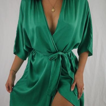 Vintage Emerald Green Silk Robe with Adjustable + Removable Tie - S/M 