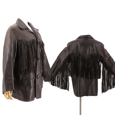 50s black leather western fringe jacket L  / vintage 1950s IRVS buckskin pin up cowgirl cowboy fringed coat 60s 10-12 