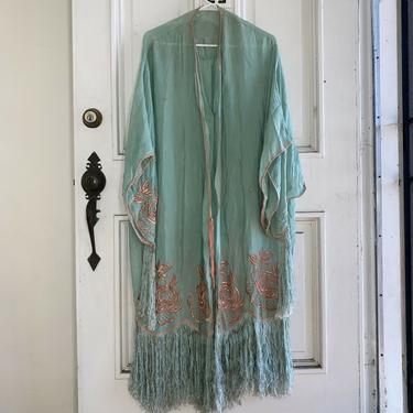Antique 1920s Blue Piano Shawl Silk Robe Coat Floral Embroidery Fringe Vintage