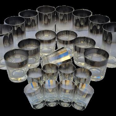 Queen's Lustreware Vitreon Silver Ombre Fade Highball Collins, Lowball Old Fashioned &amp; Shot Glasses Glassware Set - 24 Pieces