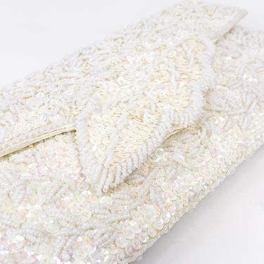1960s White Pearl &amp; Sequin Evening Bag | 60s White Beaded Clutch | La Regale 