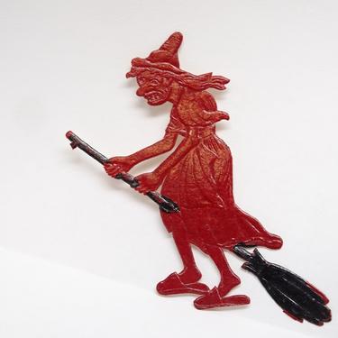 Antique Small 2 1/2 Inch German Halloween Die Cut Embossed Witch on Broom, Vintage Diecut Party Decor 