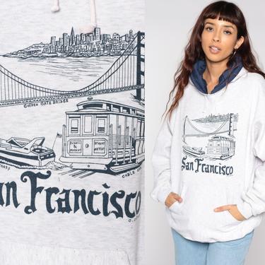 San Francisco Hoodie Shirt California Hooded Trolley Sweatshirt 80s Hood Long Kangaroo Pocket White 1980s Top Vintage Grey Large xl 