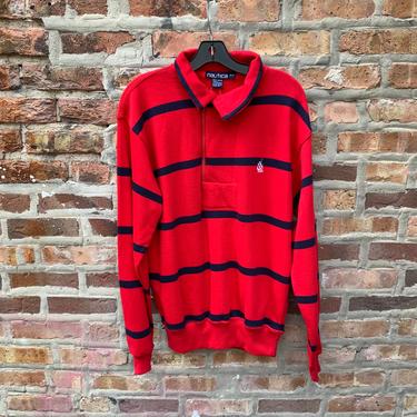 Vintage 90s Nautica Red and Blue Stripped Sweatshirt Deadstock size Small Men’s mock neck quarter 