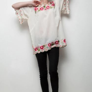 boho floral tunic top embroidered flowers short sleeve vintage 70s one size s m l SMALL MEDIUM LARGE 