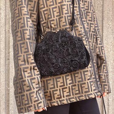 Vintage FENDI Black Satin ROSES Floral Framed Evening Shoulder Bag Purse with rope detail 