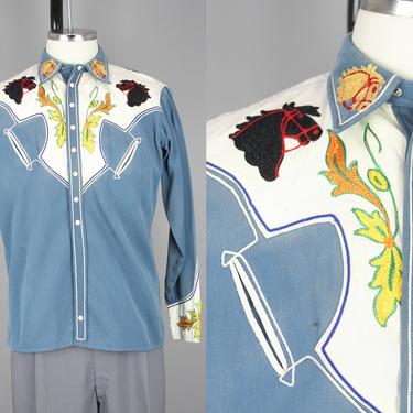 1950s Western Shirt | Vintage 40s 50s Chain Stitch Embroidered Horse & Flower Snap Front Shirt | Small 