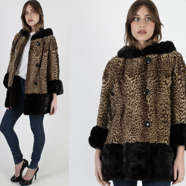 50s Mink Fur Coat / Animal Print Swing Jacket / Vintage 60s Black Mink Overcoat / Real Spotted Fur / Portrait Collar Wide Sweep Jacket 