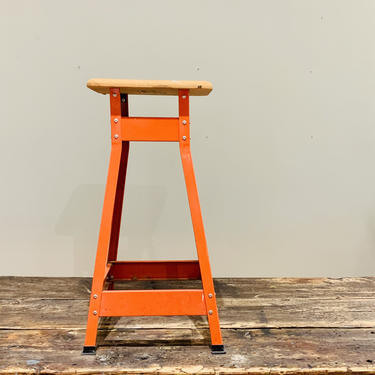 Industrial Stool | Vintage Orange Metal Shop Stool | Square Stool | Industrial Bar Stool | Industrial Prop | Distressed Metal and Wood Seat 
