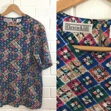 Vintage Plaid Top Jewel Tone Christie &amp; Jill Pink Green Blue White 1980s 1990s Short Sleeved Boxy Flowy Women's Plus Size Large Curvy Volup 