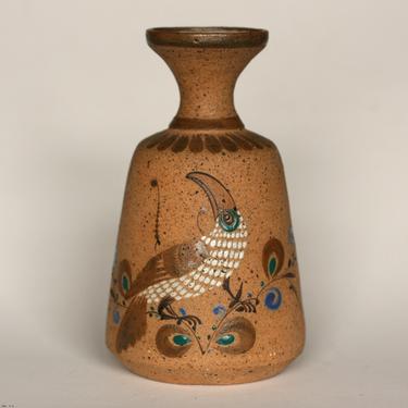 vintage Tonala Mexico hand painted pottery vase with bird and flowers 