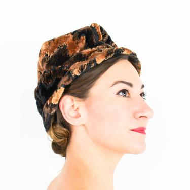 1950s Brown &amp; Black Upholstery Hat | 50s Brown Floral Cotton Hat | Cap Adors 