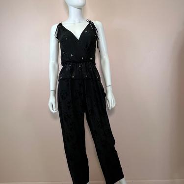 Vtg 80s black silk beaded jumpsuit 