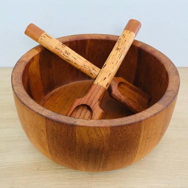 Mid Century Modern Nissen Denmark Staved Teak Wooden Salad Bowl with Teak and Cork Serving Spoons 
