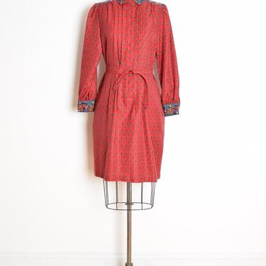vintage 80s secretary dress burgundy paisley print belted midi long sleeve L clothing 
