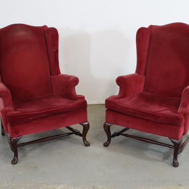 Pair of Queen Anne Fireside Wingback Chairs by Hickory Chair Co 